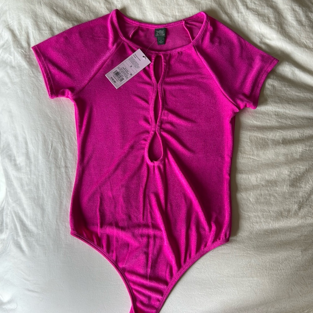 hot pink stretchy, 3 hole cut out, bodysuit